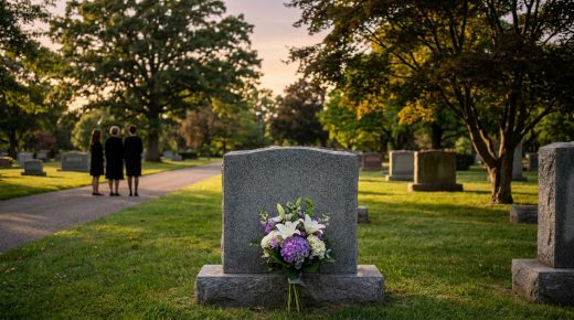 Trois personnes en deuil debout devant une pierre tombale fleurie dans un cimetière verdoyant au crépuscule.