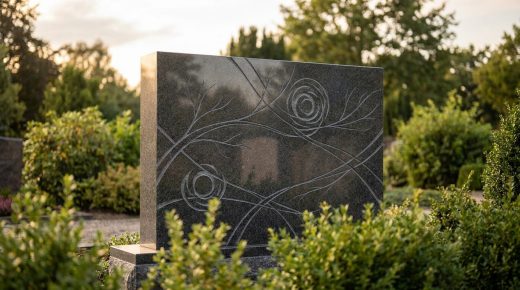 Stèle funéraire rectangulaire en granit poli avec des gravures artistiques de branches et de cercles dans un cimetière.
