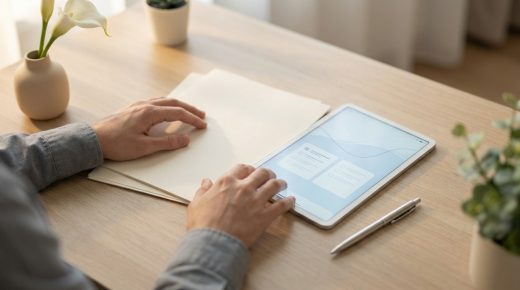 Personne travaillant sur une tablette numérique avec des documents administratifs sur un bureau en bois.