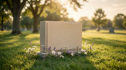 Une stèle funéraire vierge en pierre beige entourée de fleurs sauvages dans un cimetière ensoleillé.