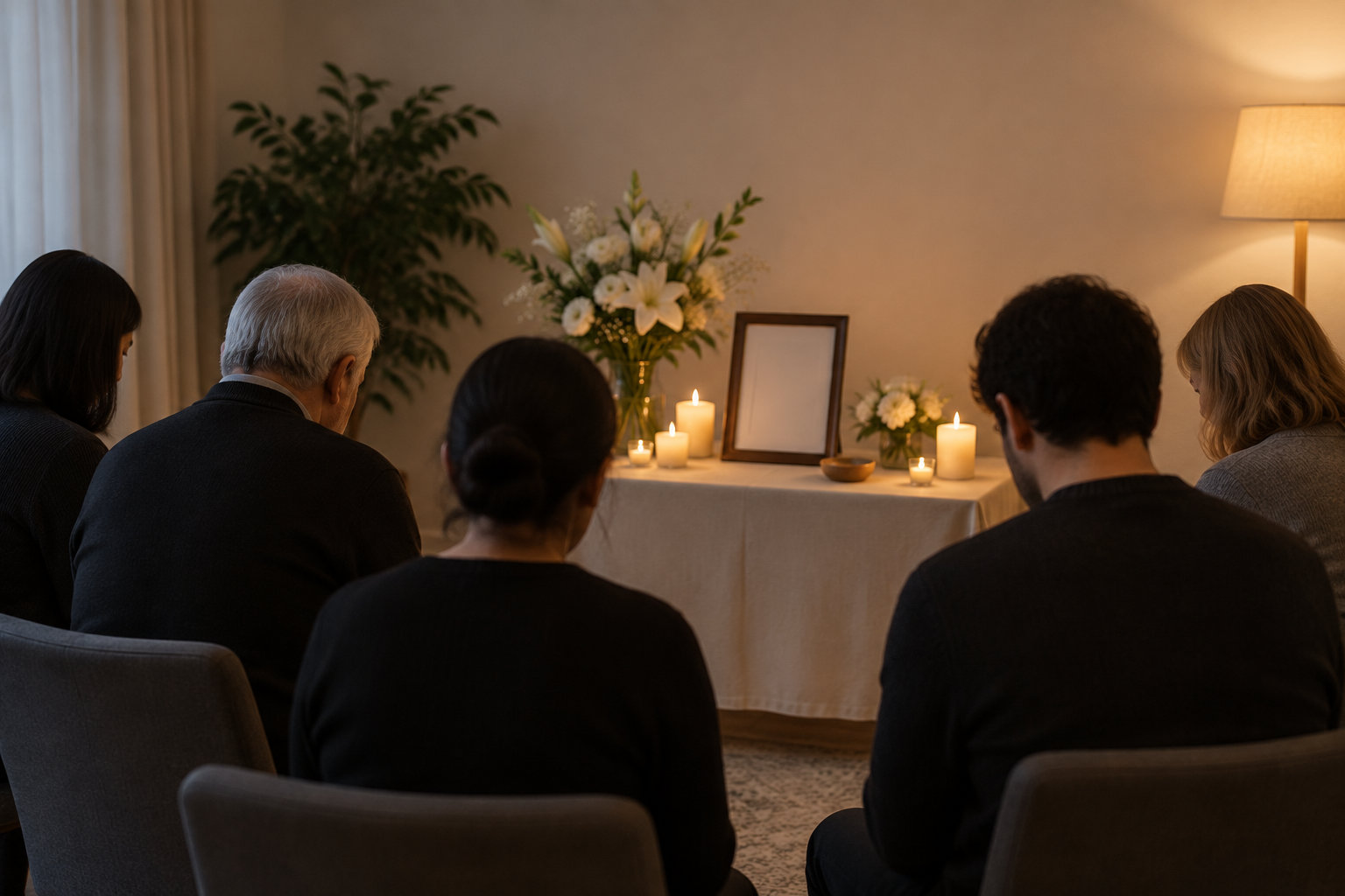 Plusieurs personnes sont assises en silence face à une table ornée de bougies, de fleurs et d’un cadre vide.