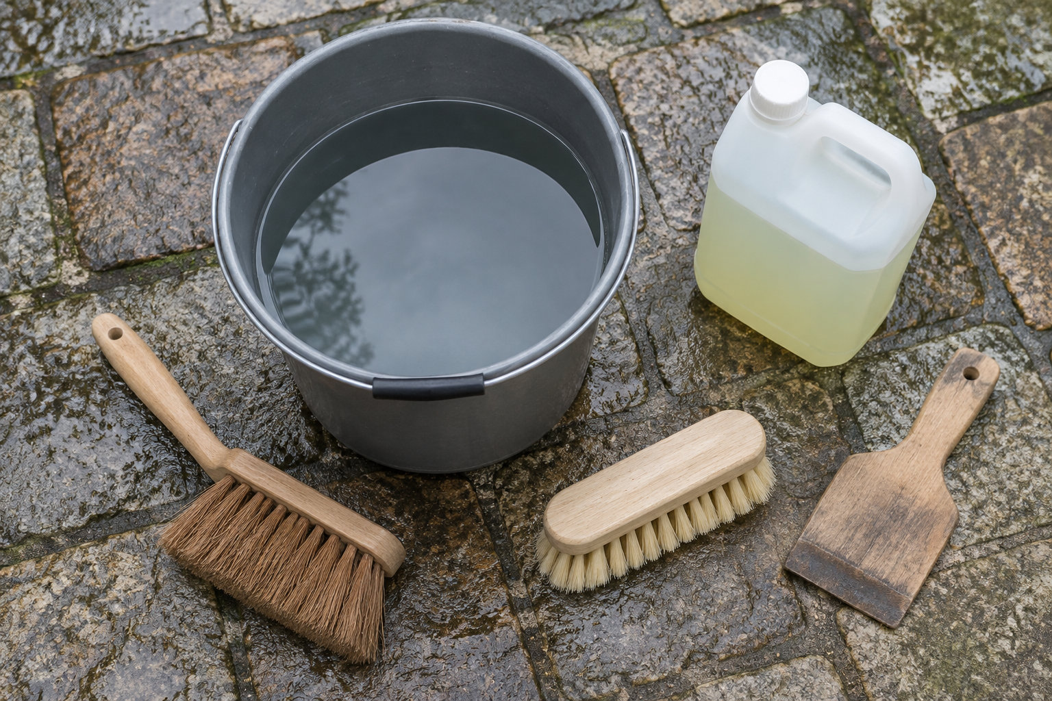 Un seau d’eau, un bidon de liquide et trois brosses en bois sont posés sur un sol en pierre.