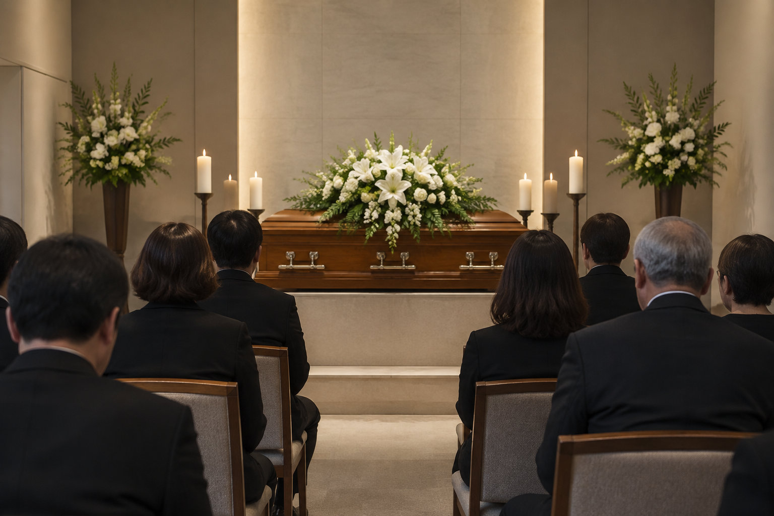 Des personnes vêtues de noir sont assises face à un cercueil en bois orné de fleurs blanches et entouré de bougies.