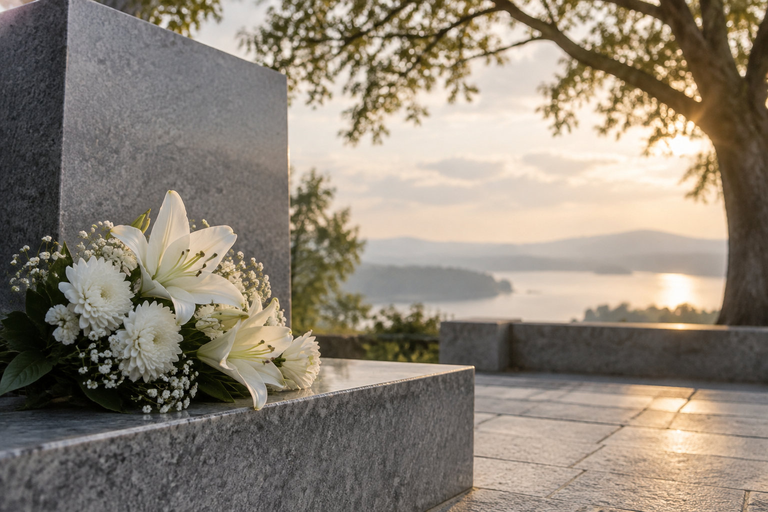 Un bouquet de fleurs blanches est posé sur une tombe en pierre, face à un paysage lacustre au coucher du soleil.