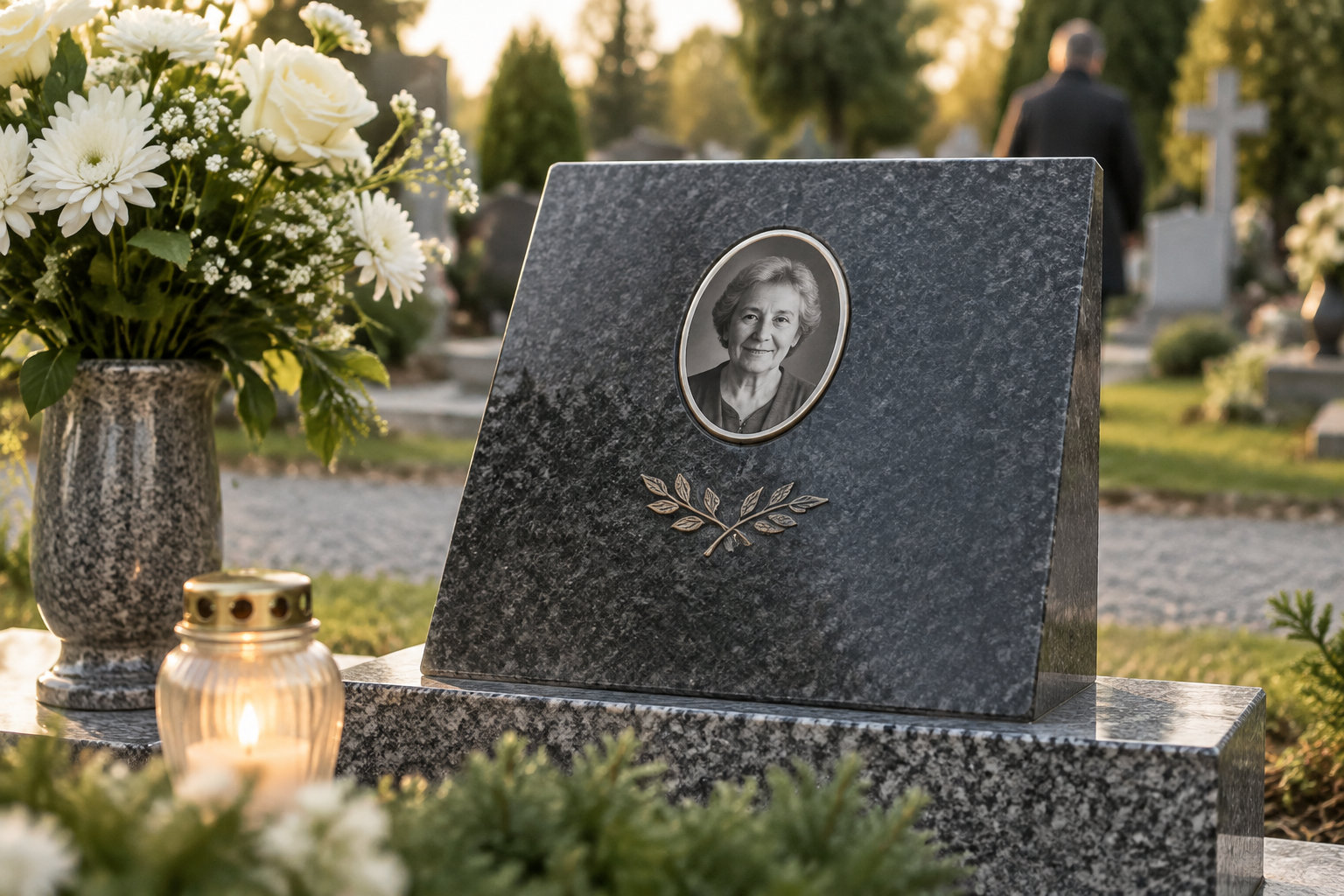 Une pierre tombale avec le portrait d’une femme est ornée d’une branche décorative, près d’un vase de fleurs et d’une bougie allumée dans un cimetière.