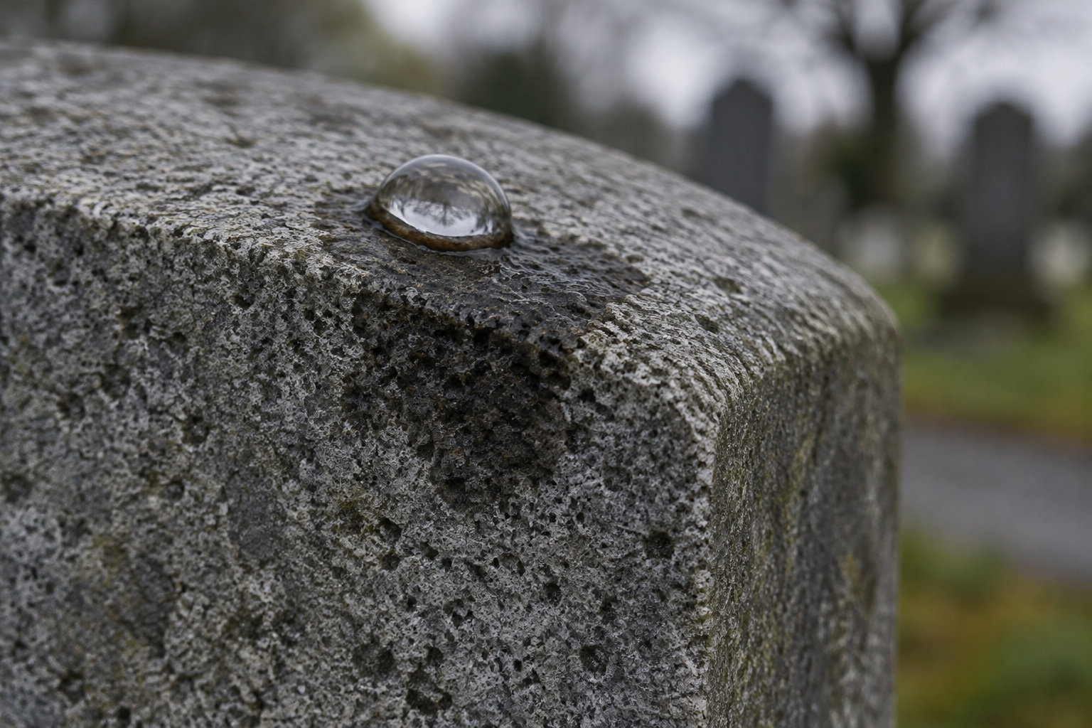 Une goutte d’eau repose sur la surface rugueuse d’un bloc de pierre, avec un jardin flou en arrière-plan.
