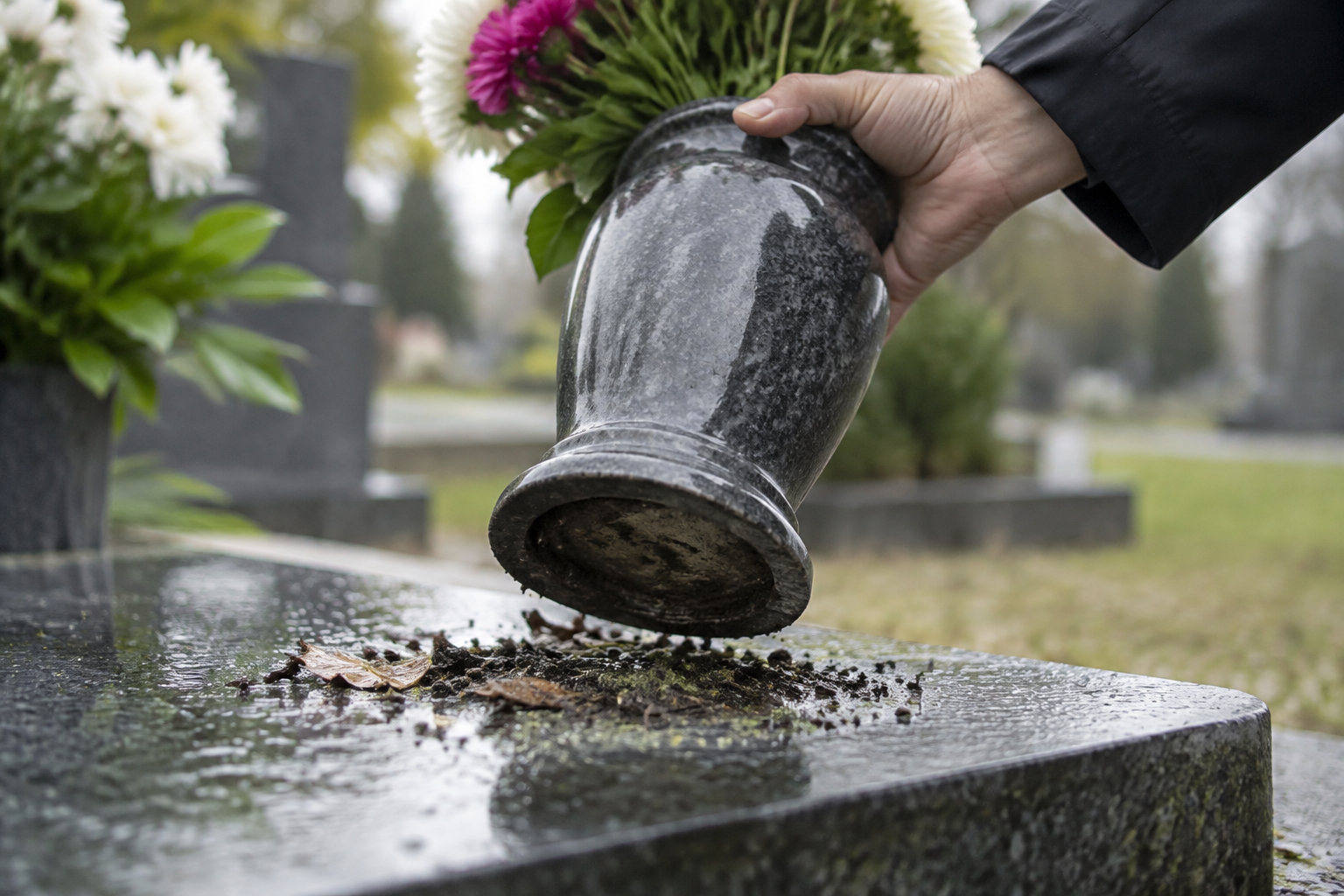 Une main replace un vase de fleurs sur une pierre tombale mouillée, entourée de feuilles et de terre.