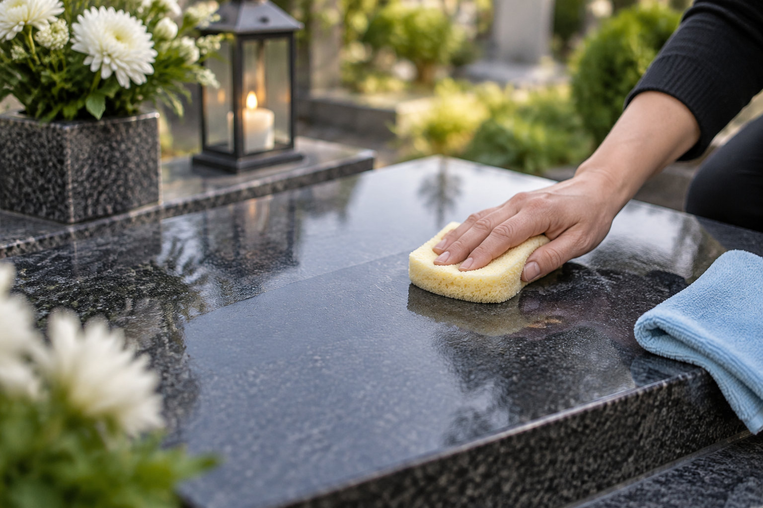 Une personne nettoie une pierre tombale en granit avec une éponge, près d’un bouquet de fleurs blanches et d’une lanterne.