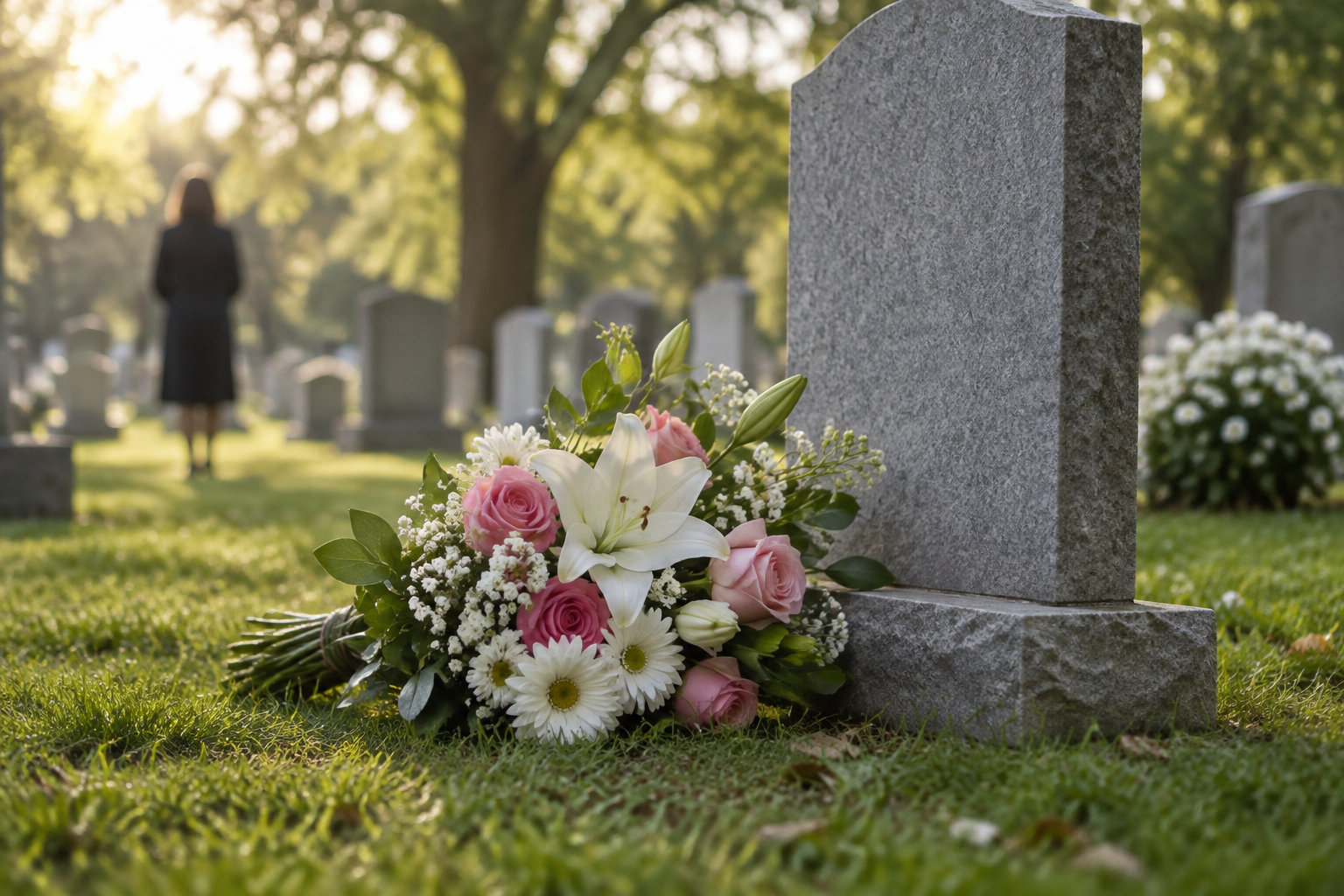 Un bouquet de lys blancs, de roses roses et de marguerites est posé devant une pierre tombale dans un cimetière, tandis qu’une personne se tient au loin.