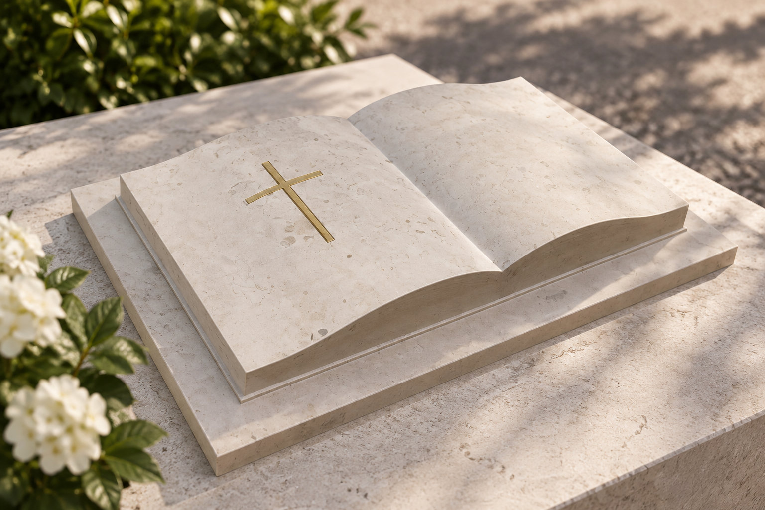 Un livre ouvert en pierre claire orné d’une croix dorée repose sur une dalle, près de fleurs blanches et de feuillage.