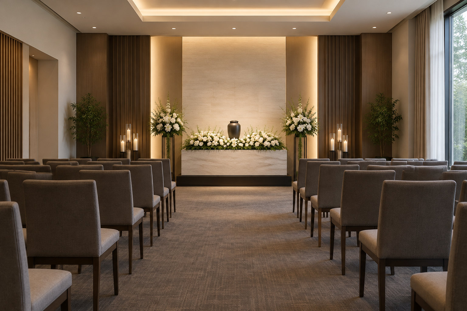 Une salle de cérémonie éclairée par des lumières chaudes, avec des rangées de chaises, des compositions florales et une urne au fond.