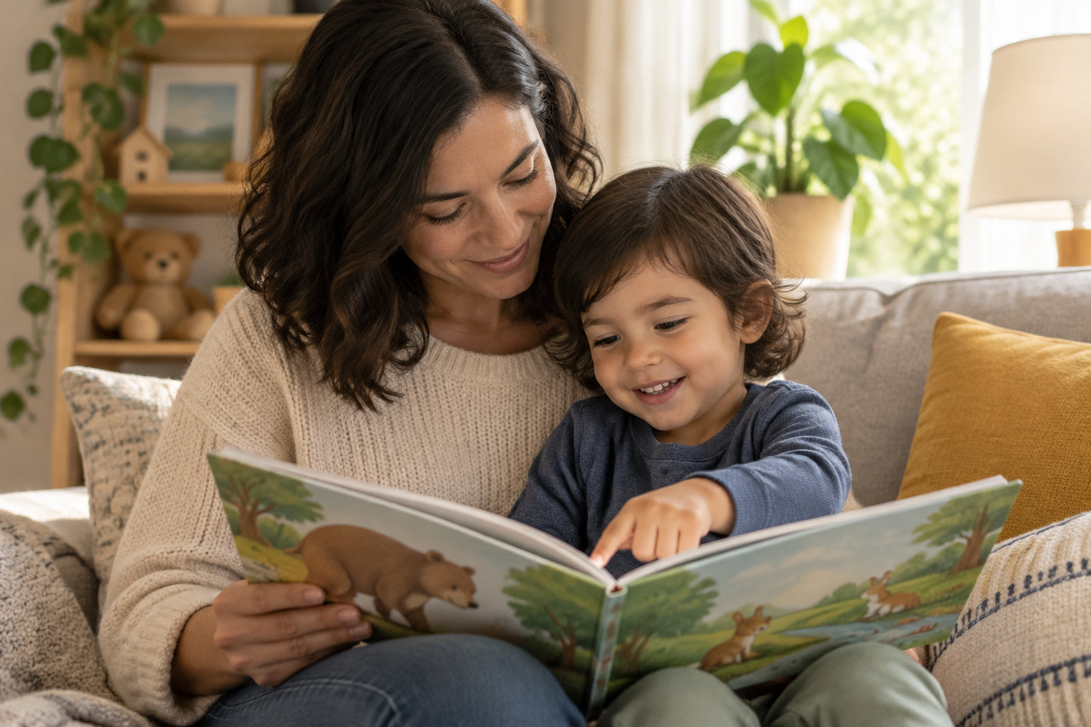 Une femme et un jeune enfant sourient en regardant un livre illustré ouvert sur leurs genoux, assis sur un canapé dans un salon lumineux.