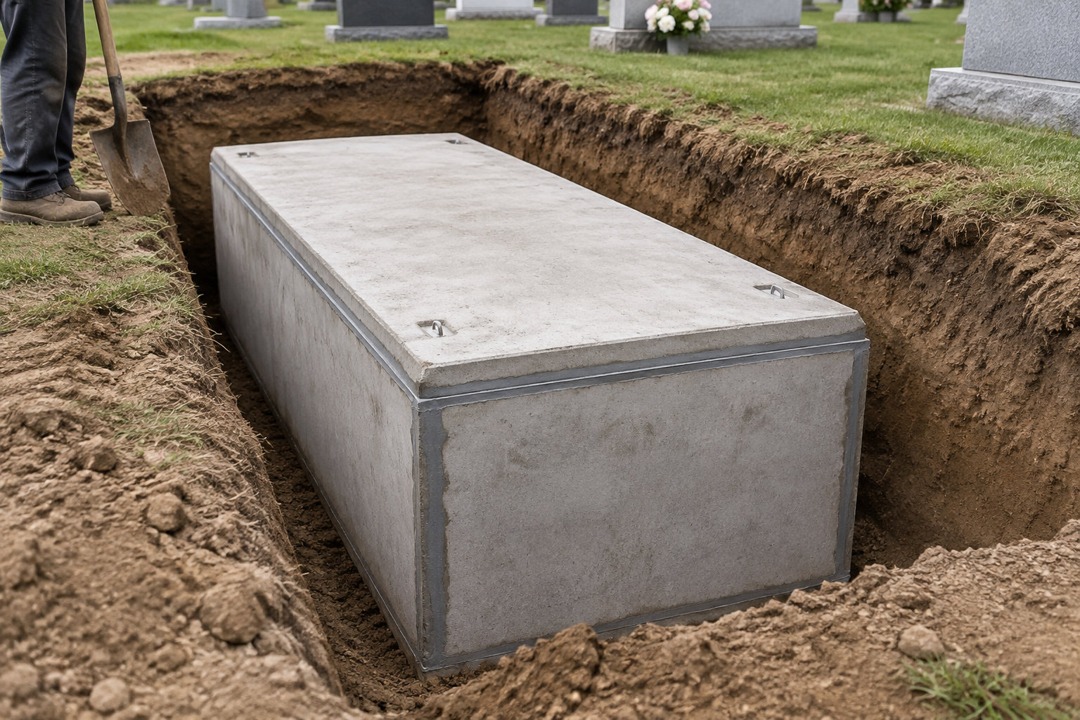 Un cercueil en béton est placé dans une fosse fraîchement creusée dans un cimetière, tandis qu’une personne tient une pelle à proximité.