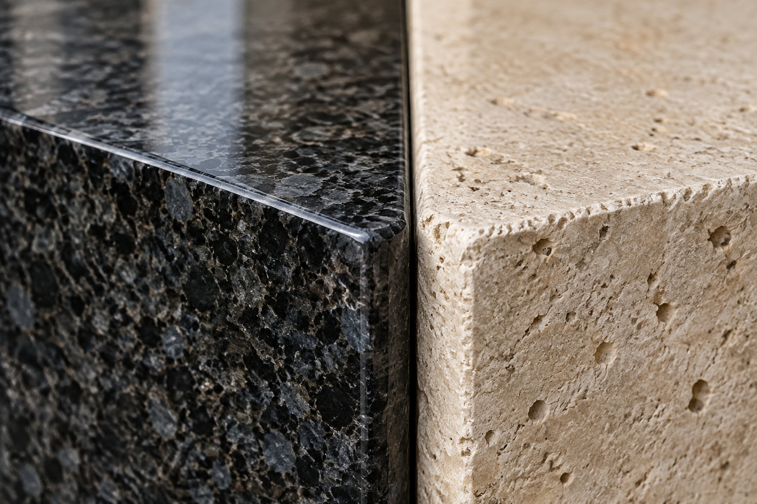Deux dalles de pierre aux textures contrastées, l’une noire et polie, l’autre beige et poreuse, sont présentées côte à côte.