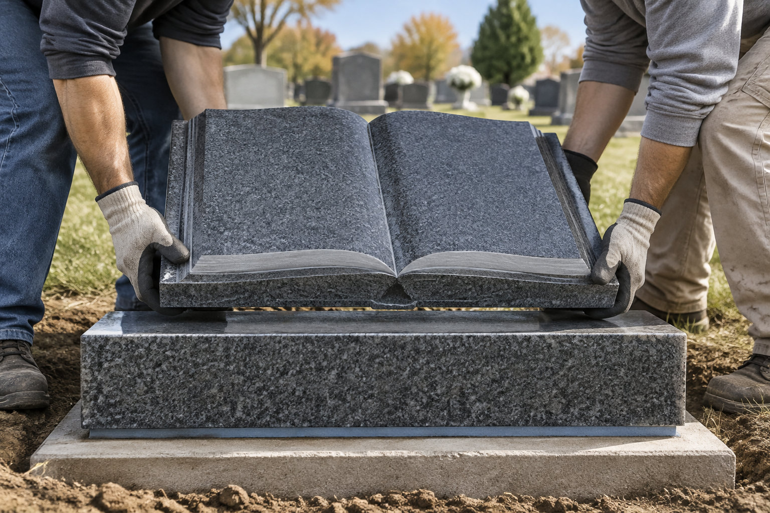 Deux personnes gantées déposent une pierre tombale en granit en forme de livre ouvert dans un cimetière.