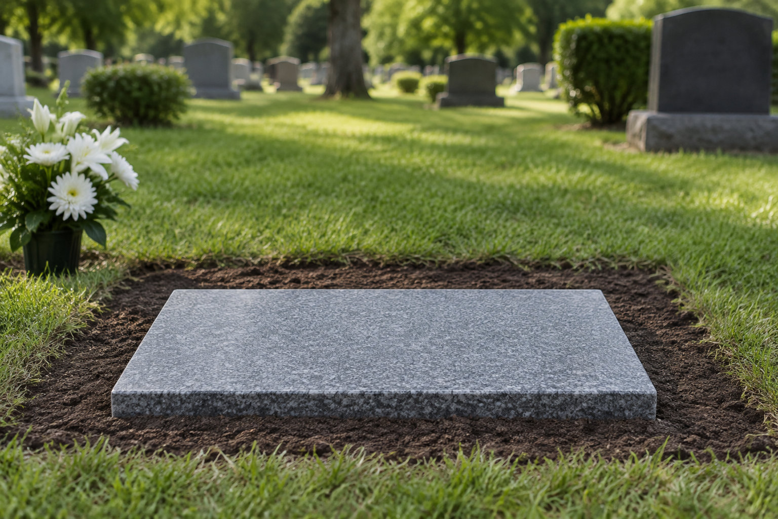 Une dalle funéraire vierge repose dans la terre au milieu d’un cimetière, avec un bouquet de fleurs blanches à gauche et plusieurs pierres tombales en arrière-plan.