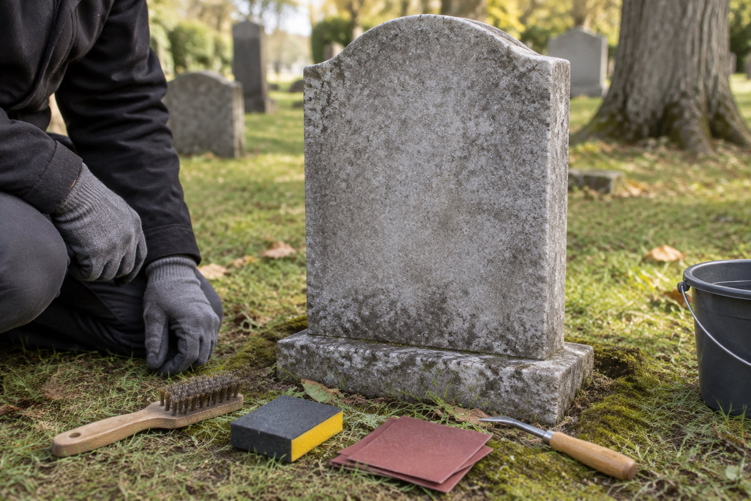 Une personne portant des gants s’agenouille près d’une pierre tombale dans un cimetière, avec des brosses, des éponges et un seau posés au sol.