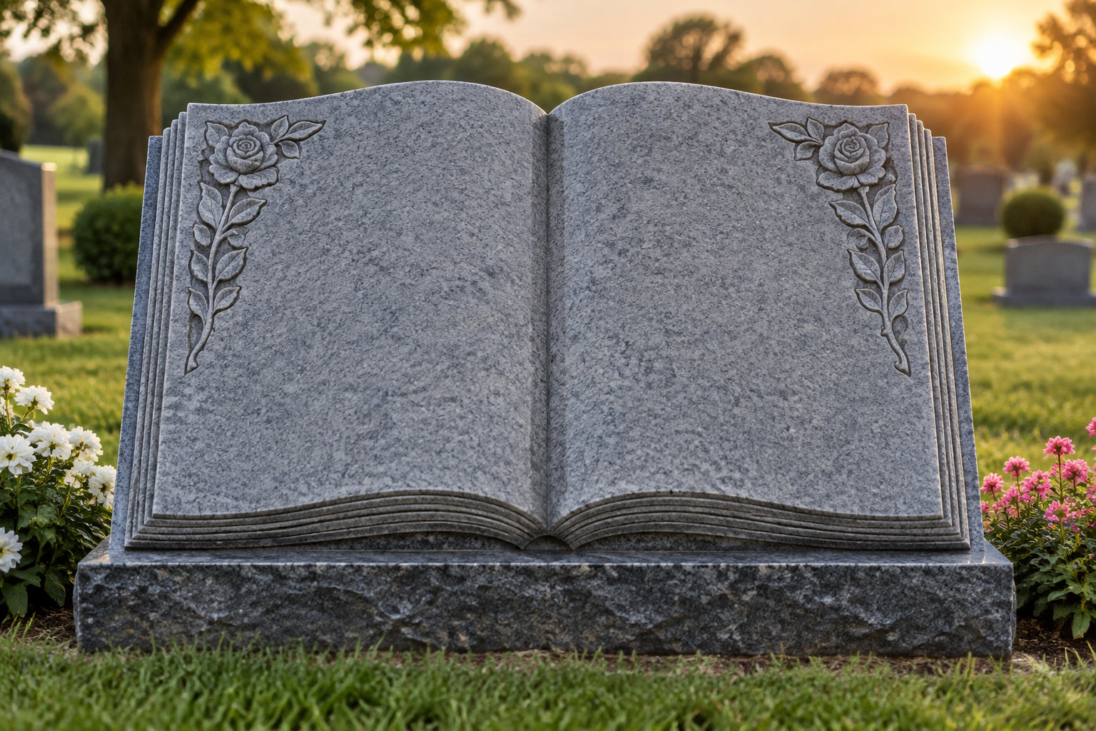 Une pierre tombale en granit sculptée en forme de livre ouvert, ornée de roses, se dresse dans un cimetière au coucher du soleil.