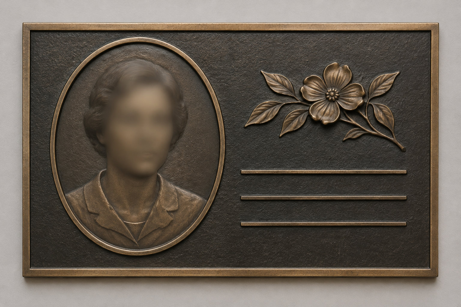Une plaque commémorative en bronze présente le portrait en relief d’une personne, une fleur et trois lignes vierges.