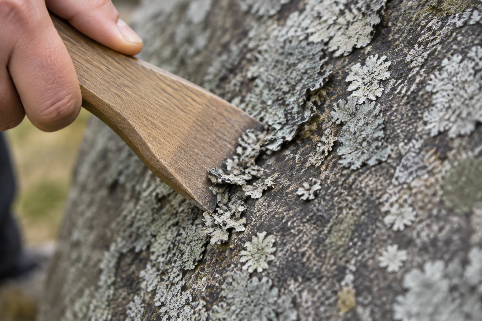Une main tient une spatule en bois contre un tronc couvert de lichens.