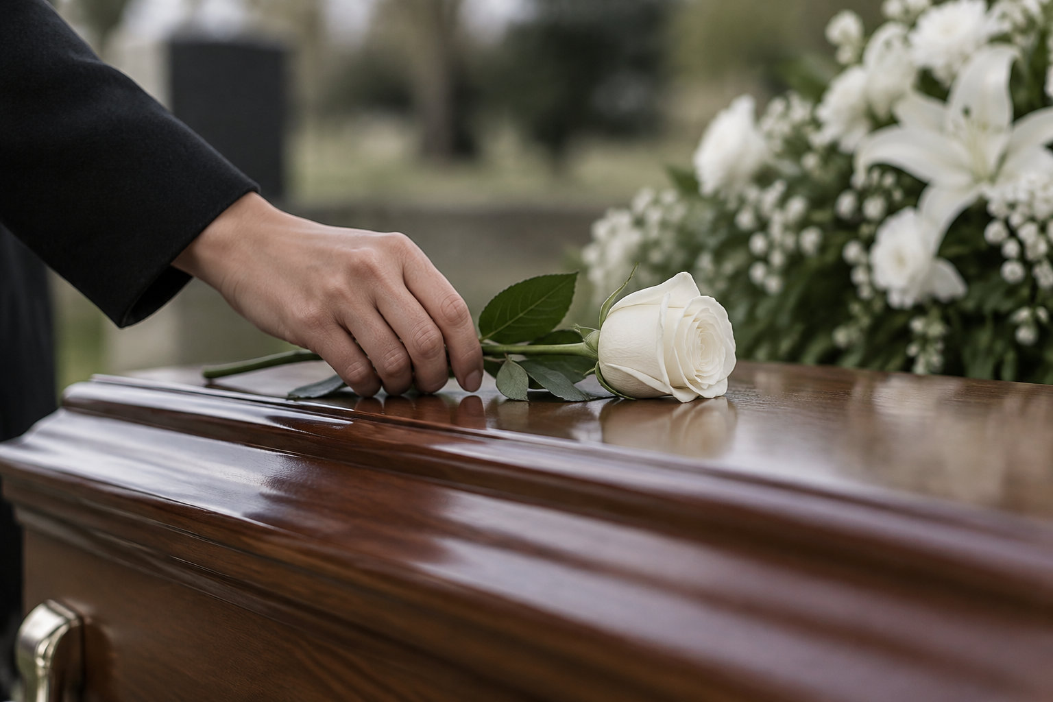 Une main dépose une rose blanche sur le couvercle d’un cercueil en bois, avec des fleurs blanches en arrière-plan.