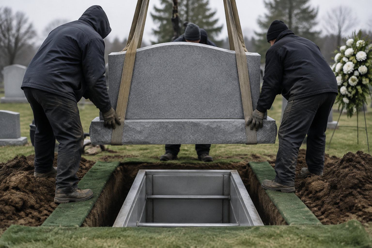 Deux hommes en vêtements sombres tiennent une pierre tombale suspendue au-dessus d’une tombe ouverte dans un cimetière.