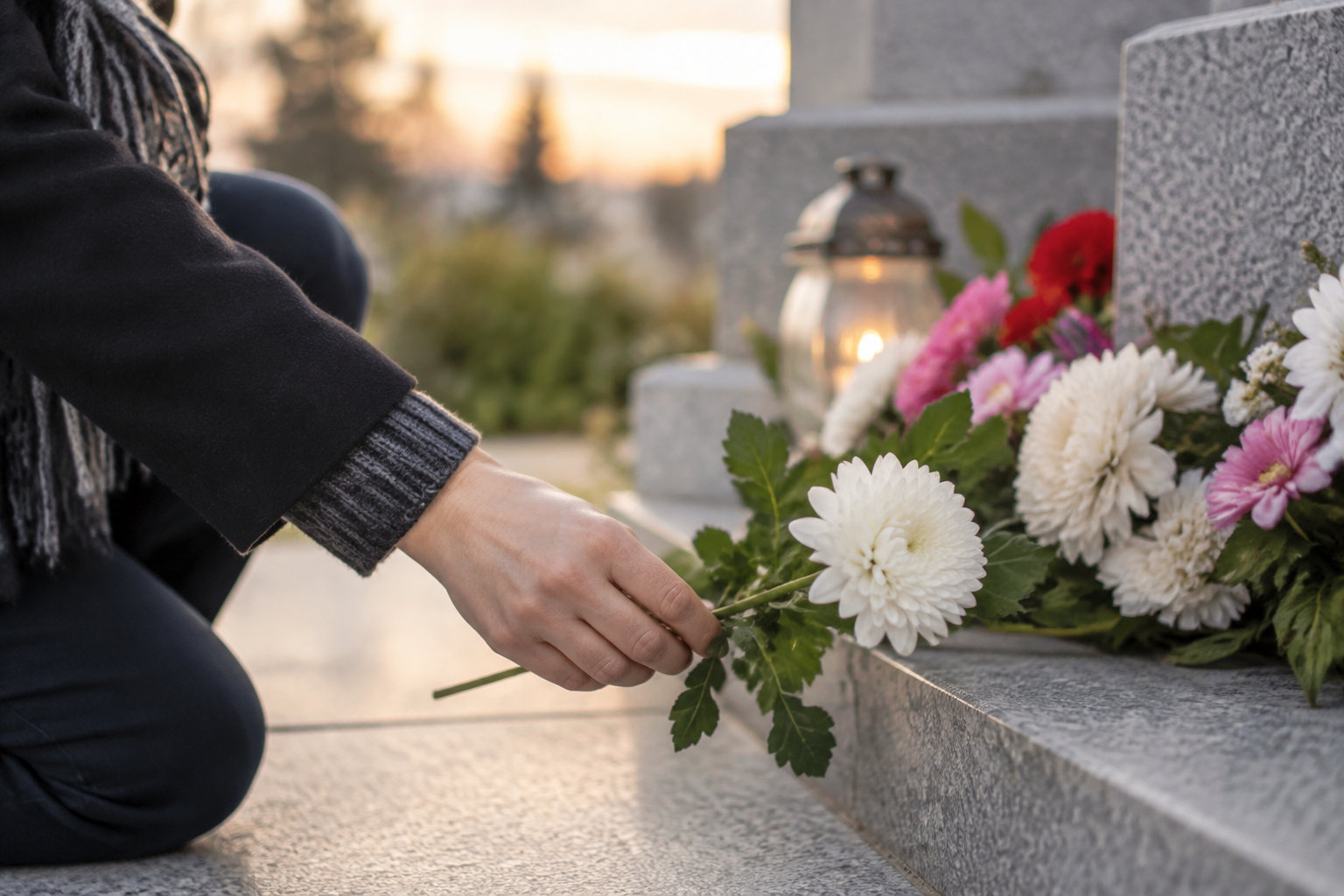 Une personne agenouillée dépose une fleur blanche parmi un bouquet posé sur une tombe en pierre, près d’une lanterne allumée.