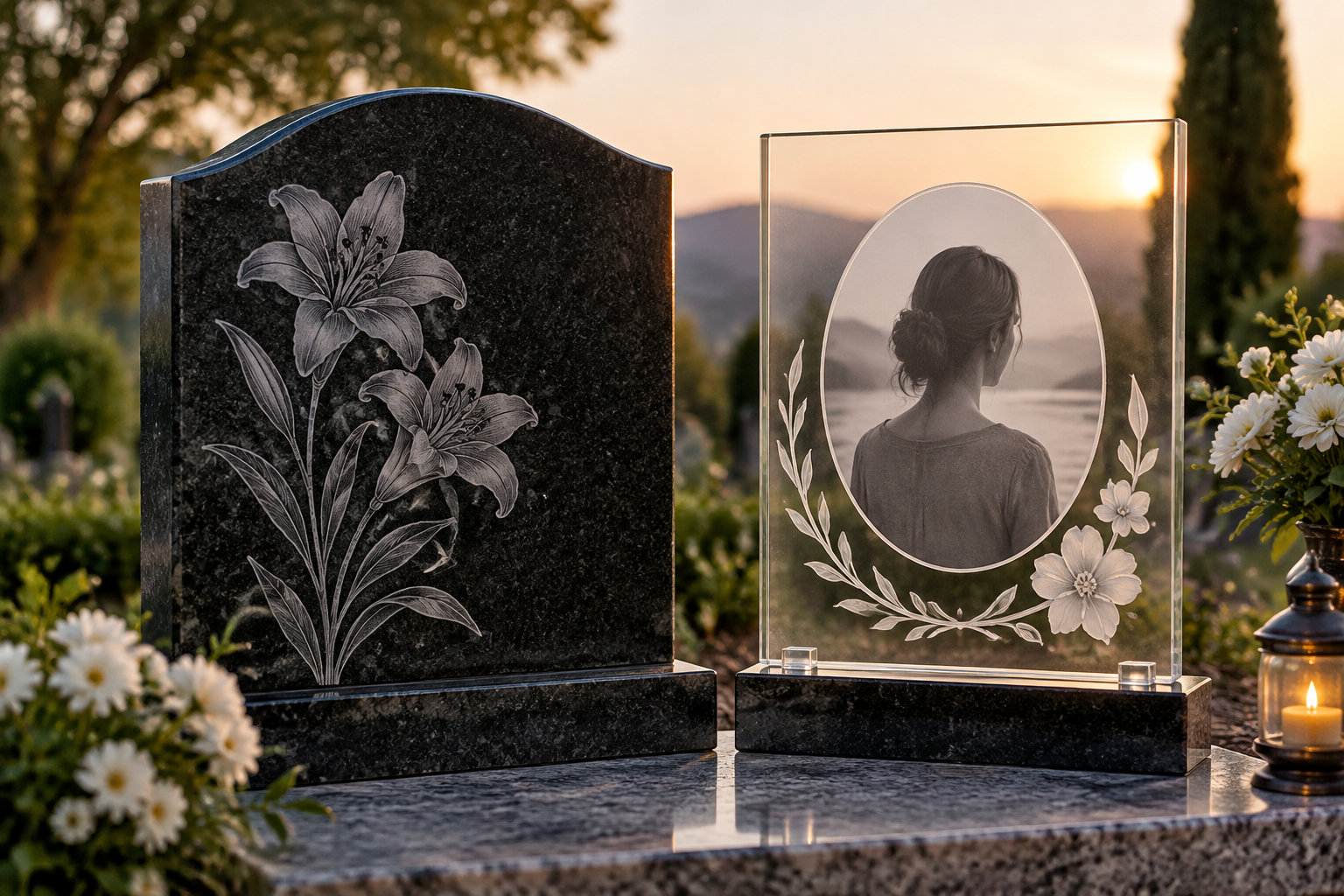 Deux stèles funéraires, l’une ornée de lys gravés et l’autre d’un portrait encadré de fleurs, se dressent dans un cimetière au coucher du soleil.