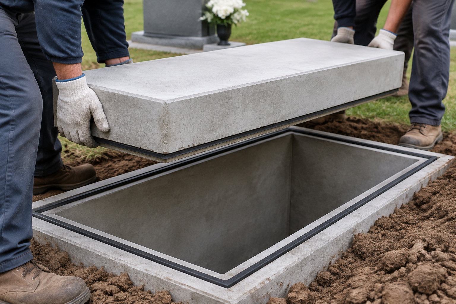 Deux ouvriers gantés soulèvent une lourde dalle de béton au-dessus d’une tombe ouverte, dans un cimetière.