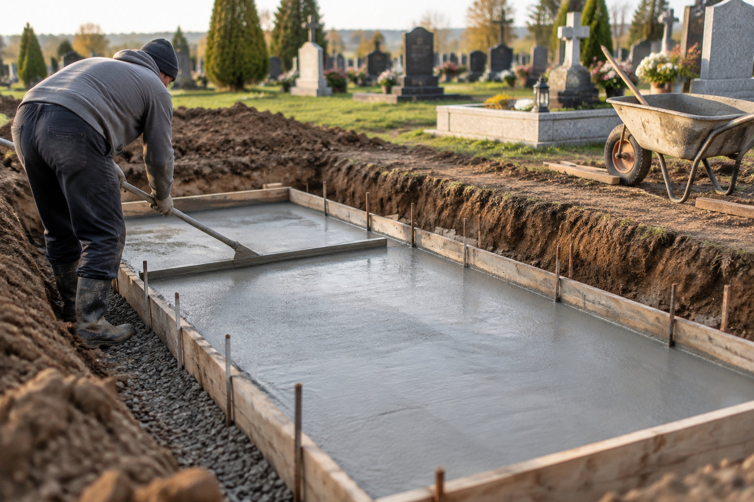 Un ouvrier lisse une dalle de béton fraîchement coulée dans un cimetière, près d’une brouette.