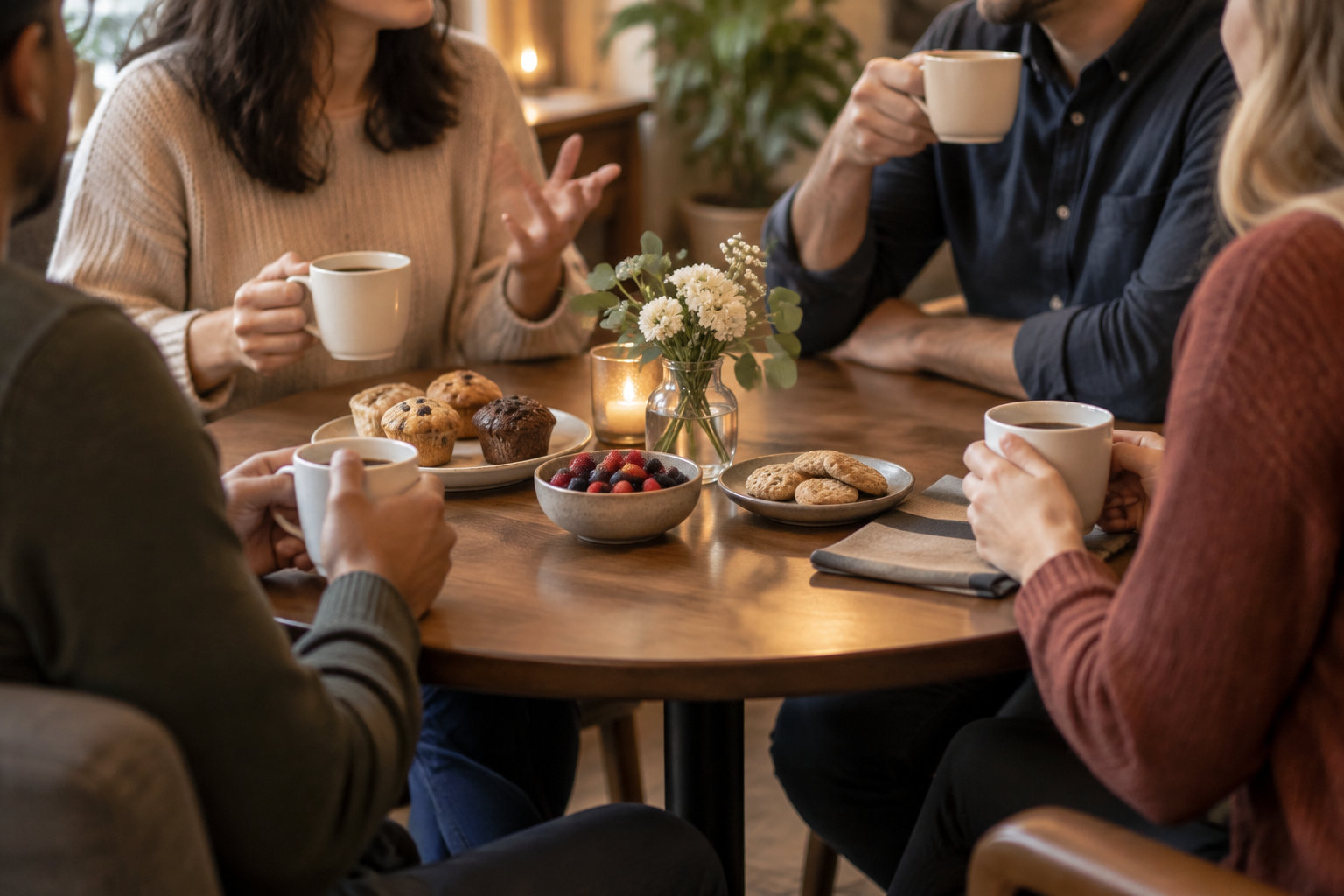 Quatre personnes sont assises autour d’une table avec des tasses, des pâtisseries, des fruits et un vase de fleurs.