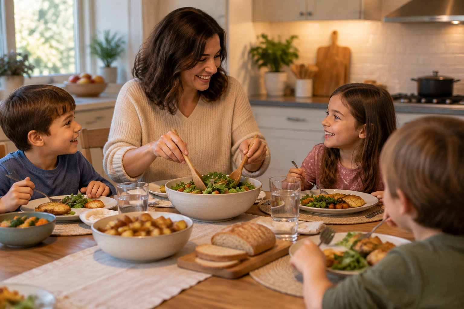 Une femme souriante sert une salade à trois enfants réunis autour d’une table dressée dans une cuisine.