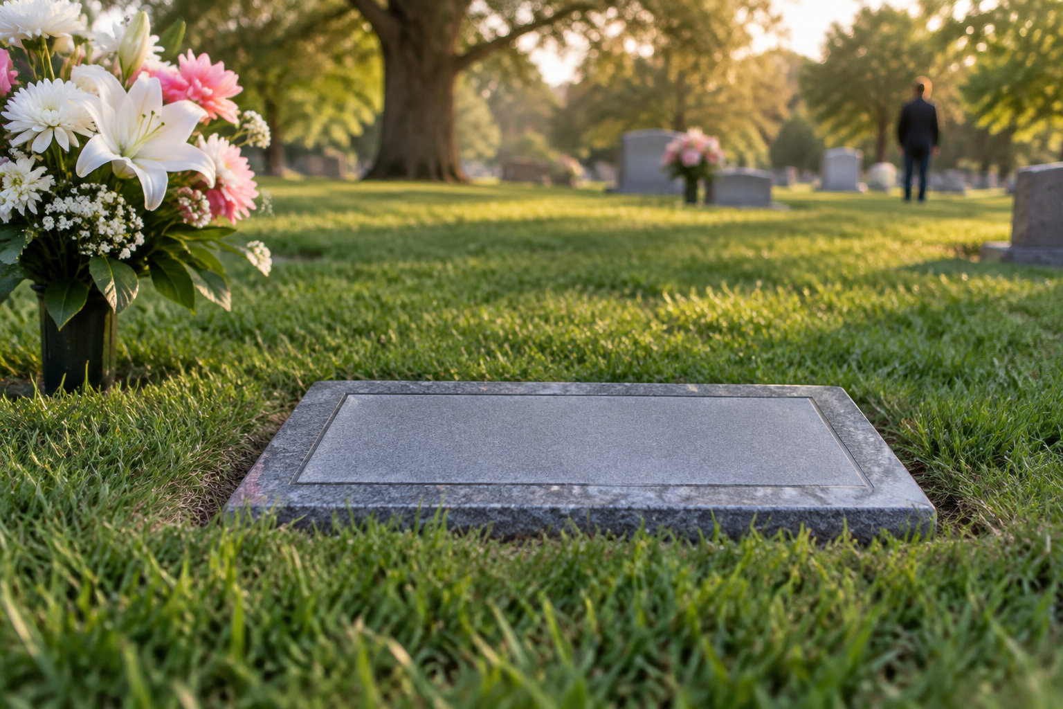 Une tombe plate en pierre se trouve dans l’herbe d’un cimetière, avec un bouquet de fleurs à gauche et une personne au loin.