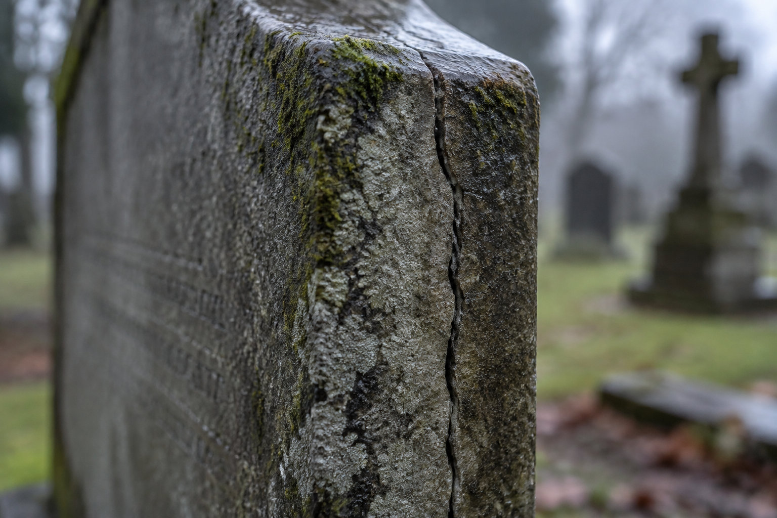 Gros plan sur une stèle de pierre fissurée et couverte de mousse dans un cimetière, avec des tombes floues en arrière-plan.