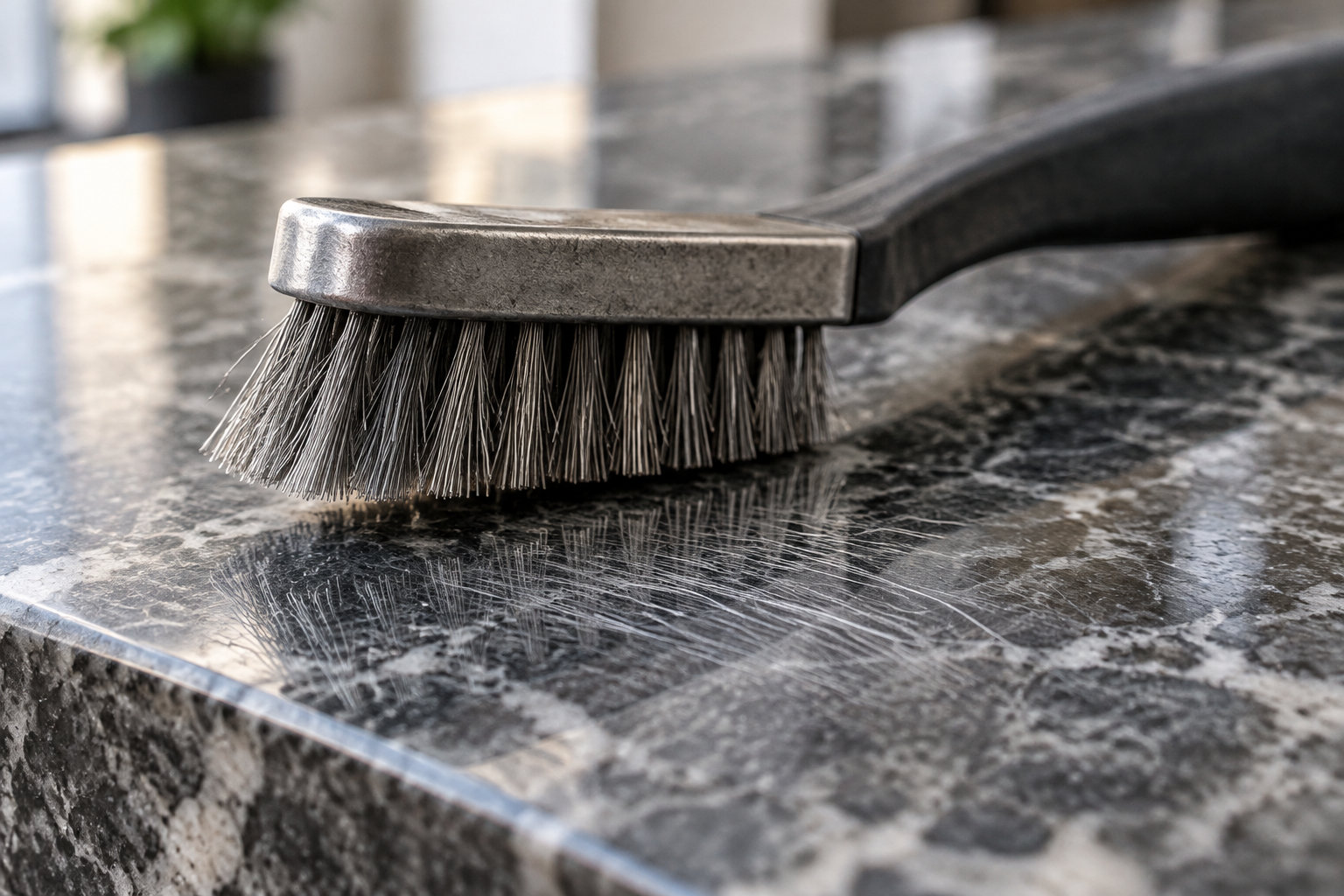 Une brosse à manche noir repose sur un plan de travail en pierre sombre.