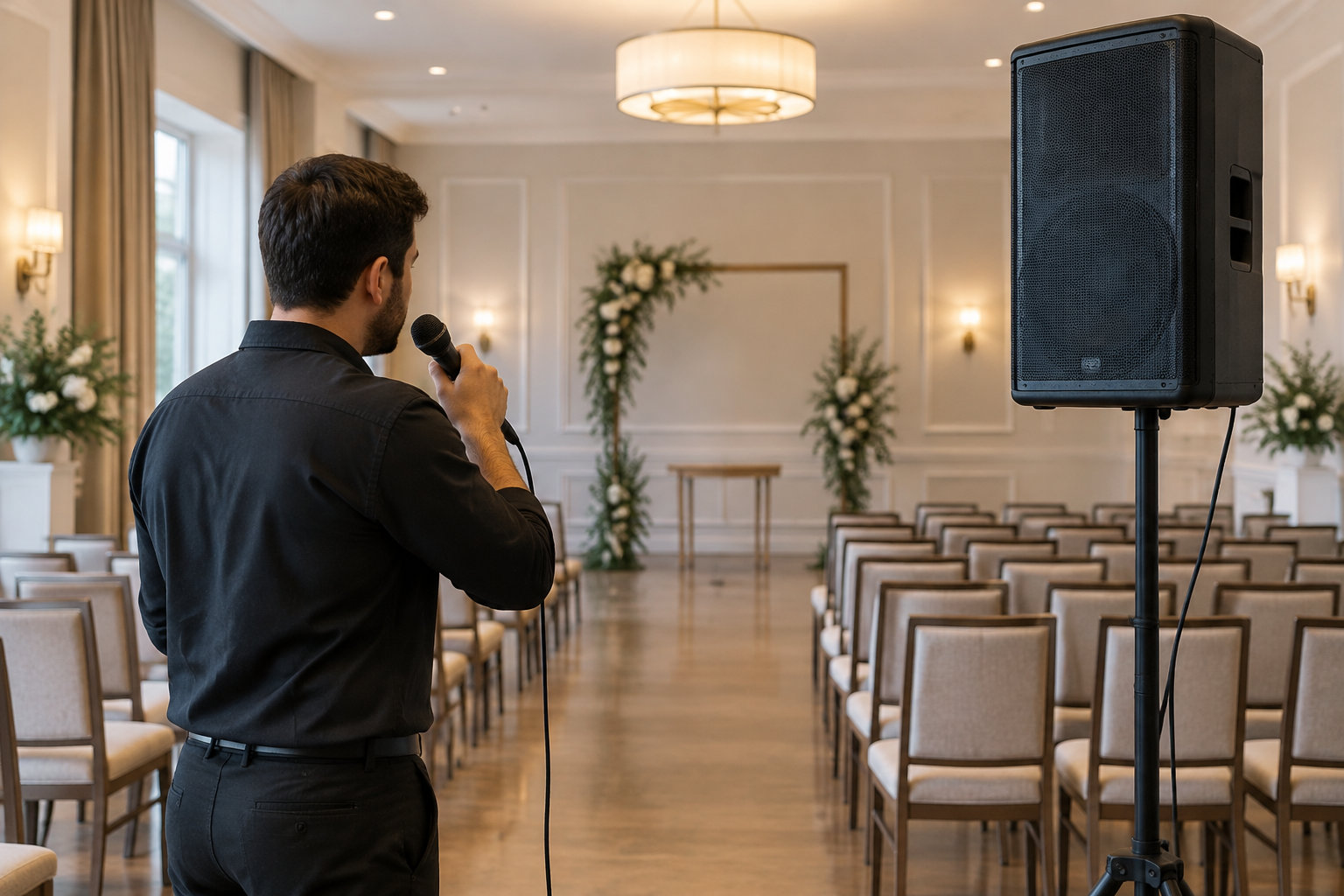Un homme tient un microphone devant des rangées de chaises dans une salle de cérémonie, avec un haut-parleur sur pied à droite.