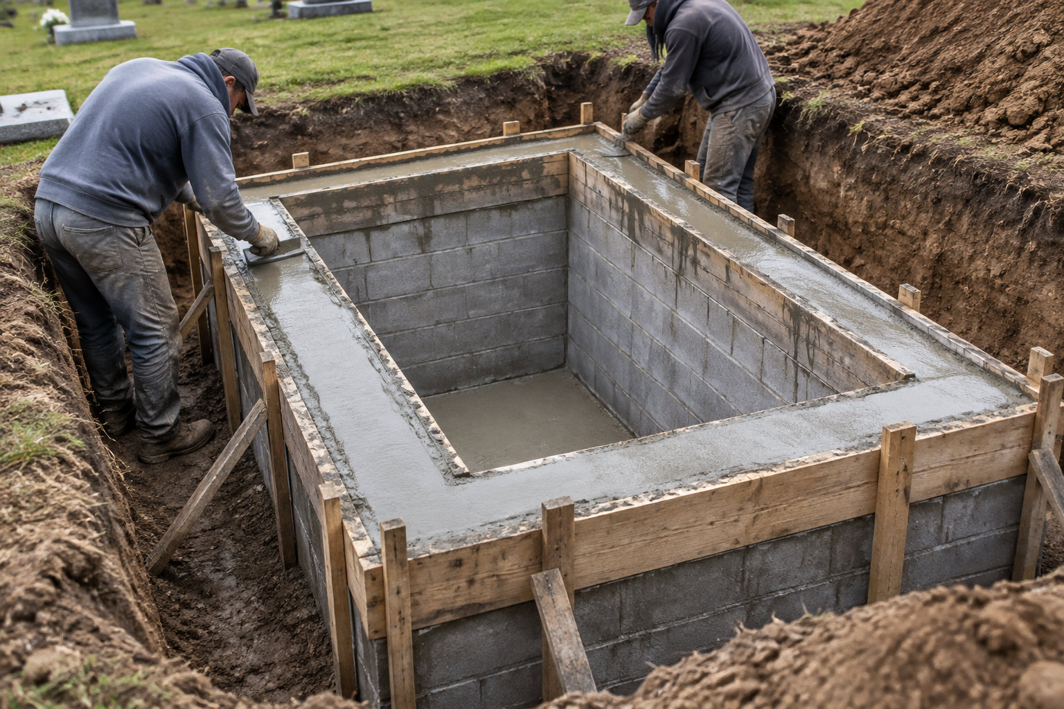 Deux ouvriers lissent du béton sur le coffrage d’un ouvrage rectangulaire en blocs, creusé dans le sol.